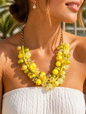 Lemon Yellow Statement Bib Necklace Chunky Glass Bead Gold Tone Summer Jewelry